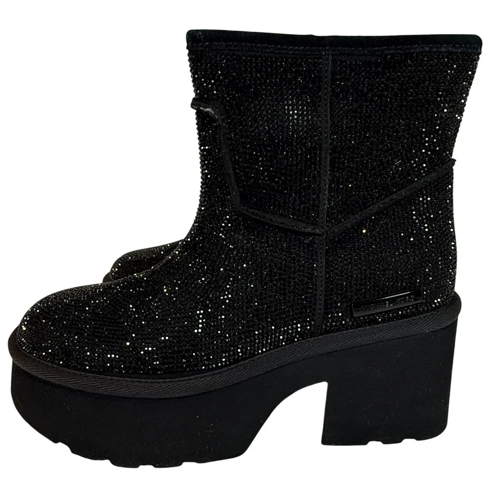 Michael Kors Delilah Bootie Black Rhinestone Platform Lug Sole Boots Womens 7 - Picture 4 of 10